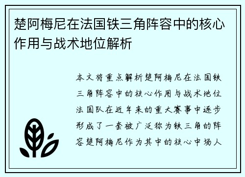 楚阿梅尼在法国铁三角阵容中的核心作用与战术地位解析 楚阿梅尼在法国铁三角阵容中的核心作用与战术地位解析