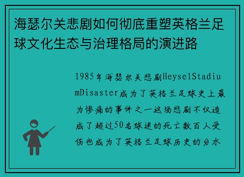 海瑟尔关悲剧如何彻底重塑英格兰足球文化生态与治理格局的演进路