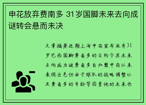 申花放弃费南多 31岁国脚未来去向成谜转会悬而未决