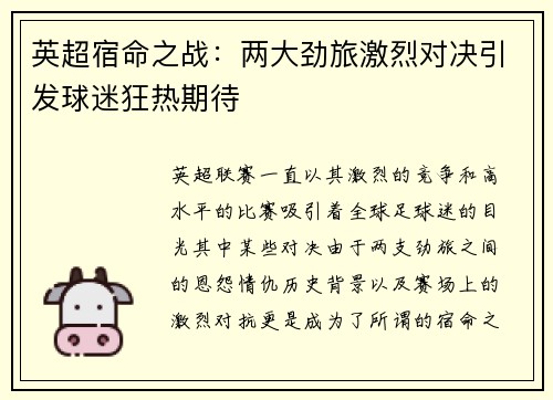 英超宿命之战:两大劲旅激烈对决引发球迷狂热期待 英超宿命之战:两大劲旅激烈对决引发球迷狂热期待