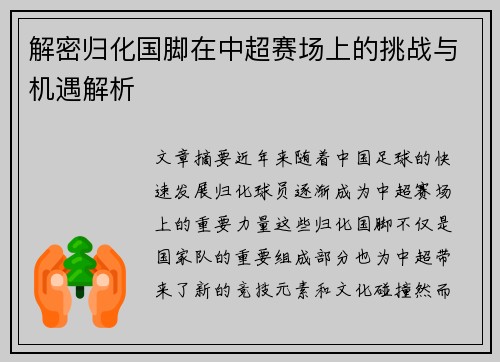 解密归化国脚在中超赛场上的挑战与机遇解析 解密归化国脚在中超赛场上的挑战与机遇解析