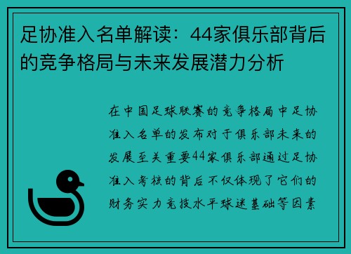 足协准入名单解读：44家俱乐部背后的竞争格局与未来发展潜力分析